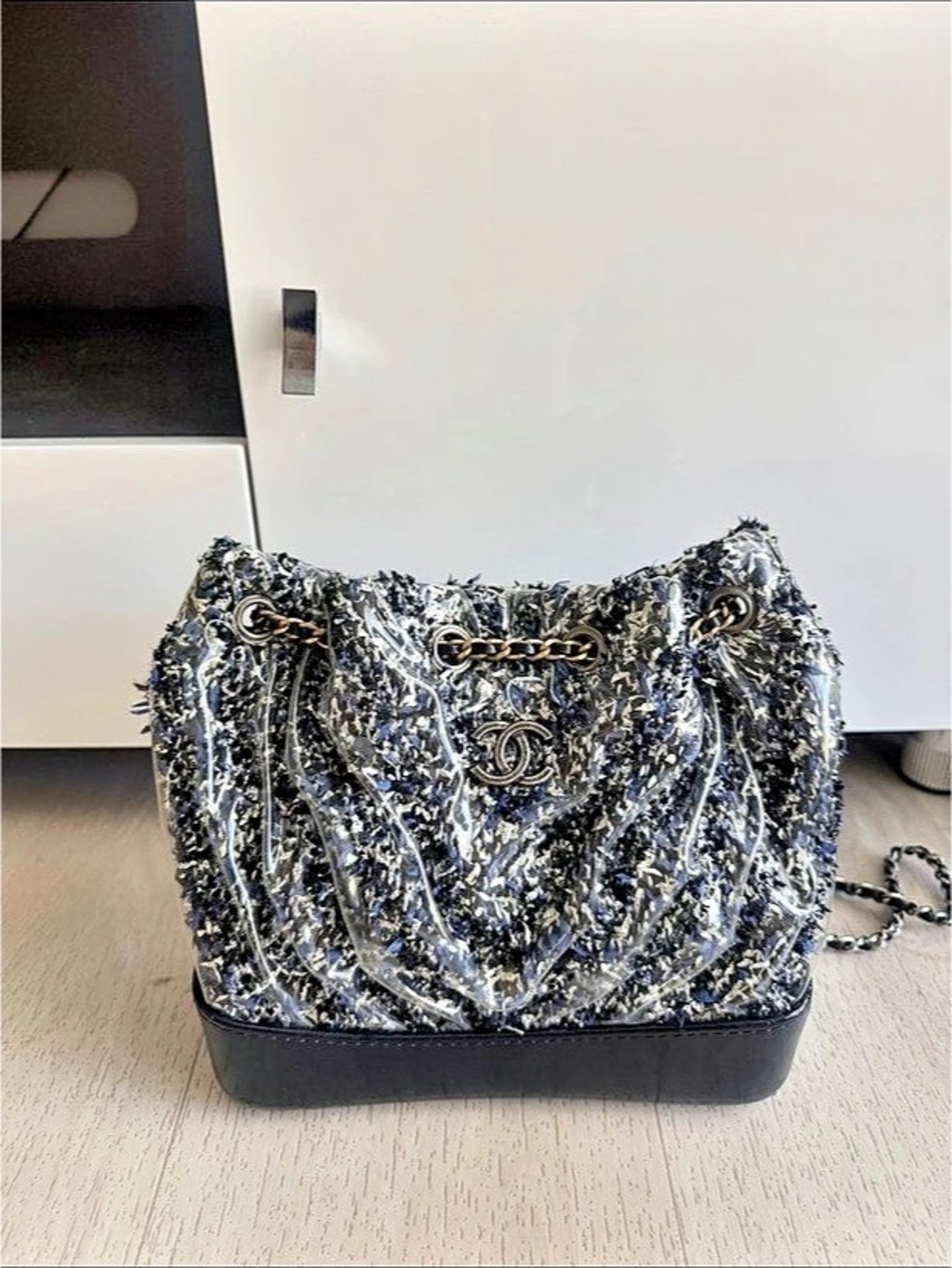 Chanel 17 Tweed Backpack Bag in Black & Blue